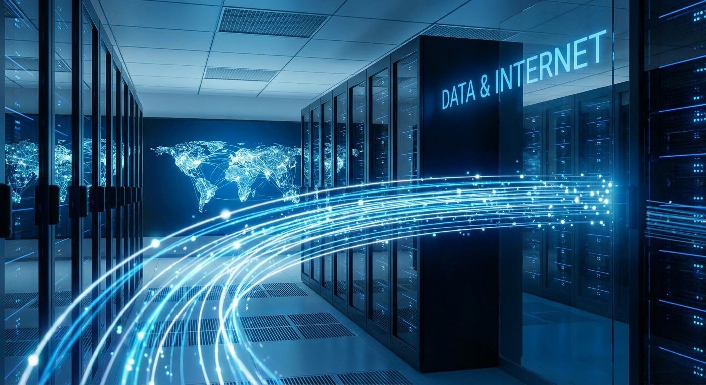 Server room with illuminated data streams and global connectivity visualization