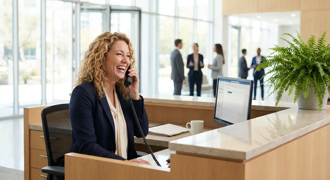 Professional woman answering phone call at office reception desk